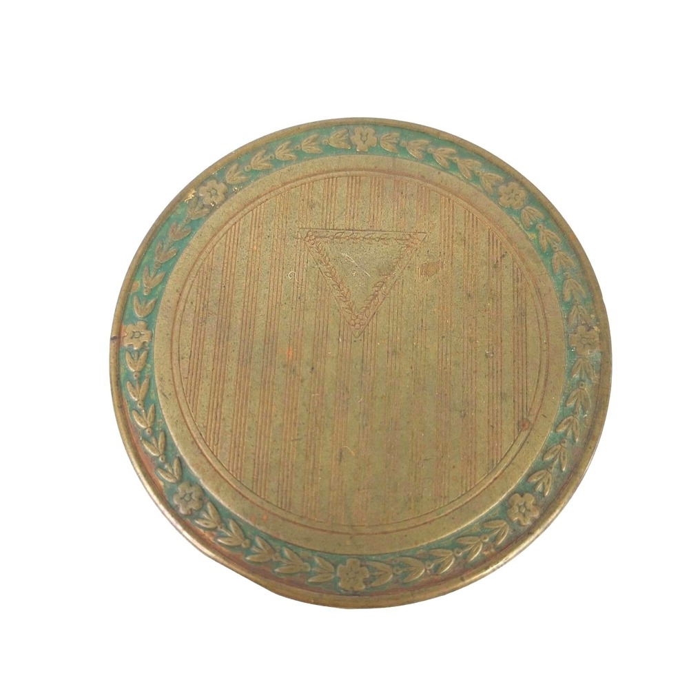 Vintage Djer Kiss brass compact art nouveau floral border green inlay no mirror